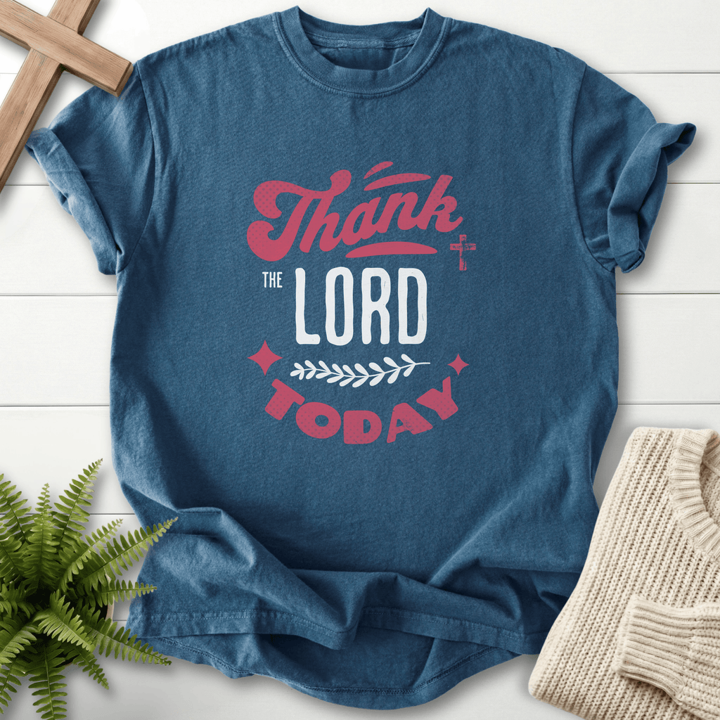 Midnight Christian t-shirt for women with retro mixed-font Thank the Lord Today lettering and a small cross accent, Comfort Colors 1717.