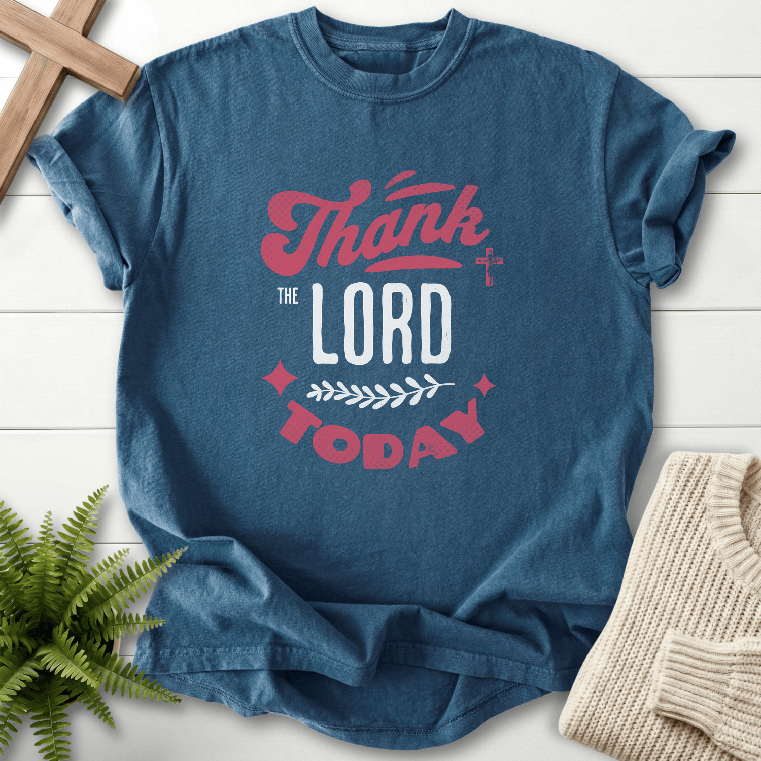 Midnight Christian t-shirt for women with retro mixed-font Thank the Lord Today lettering and a small cross accent, Comfort Colors 1717.