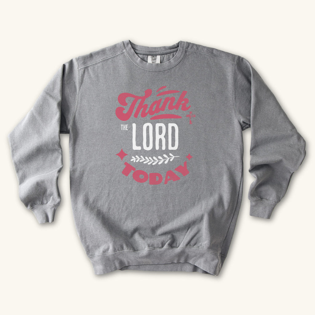 Grey Thank the Lord Today sweatshirt flat lay mockup, Christian apparel for women