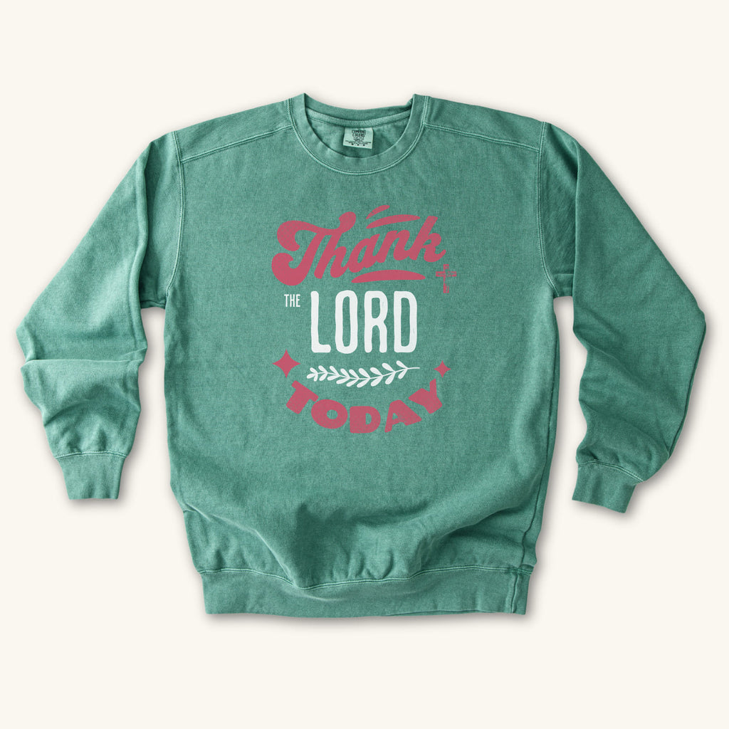 Light Green Thank the Lord Today sweatshirt flat lay mockup, Christian apparel for women