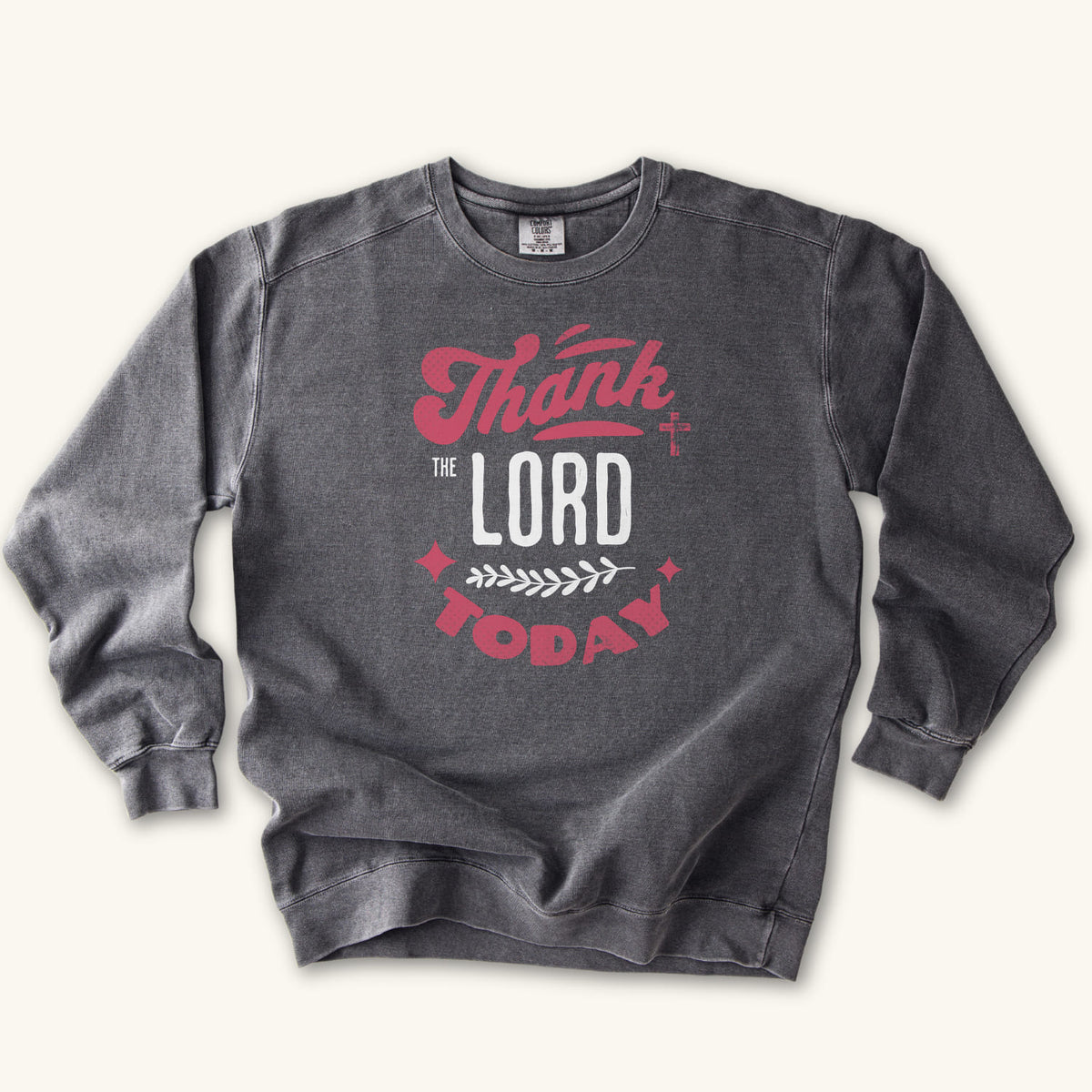 Pepper Thank the Lord Today sweatshirt flat lay mockup, Christian apparel for women