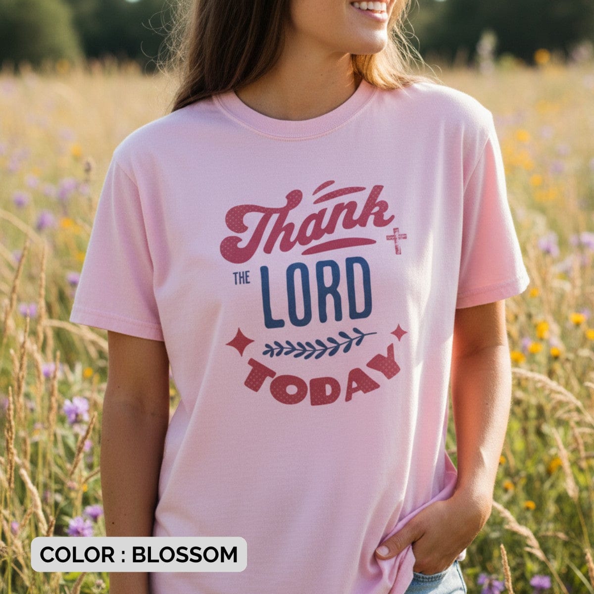 Comfort Colors 1717 Blossom pink Christian women’s t-shirt with ‘Thank the Lord Today’ print -  uplifting faith day wear to express gratitude and praise.”