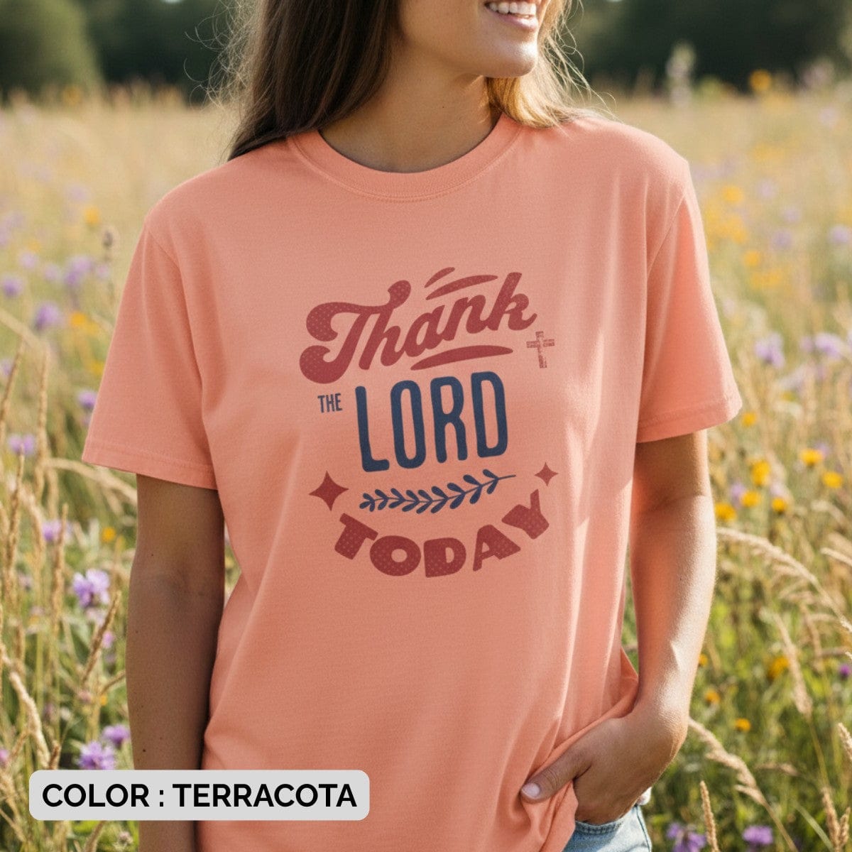 Faith-inspired Comfort Colors 1717 Terracotta t-shirt for Christian women featuring ‘Thank the Lord Today’ message - cozy wear for faith and daily encouragem