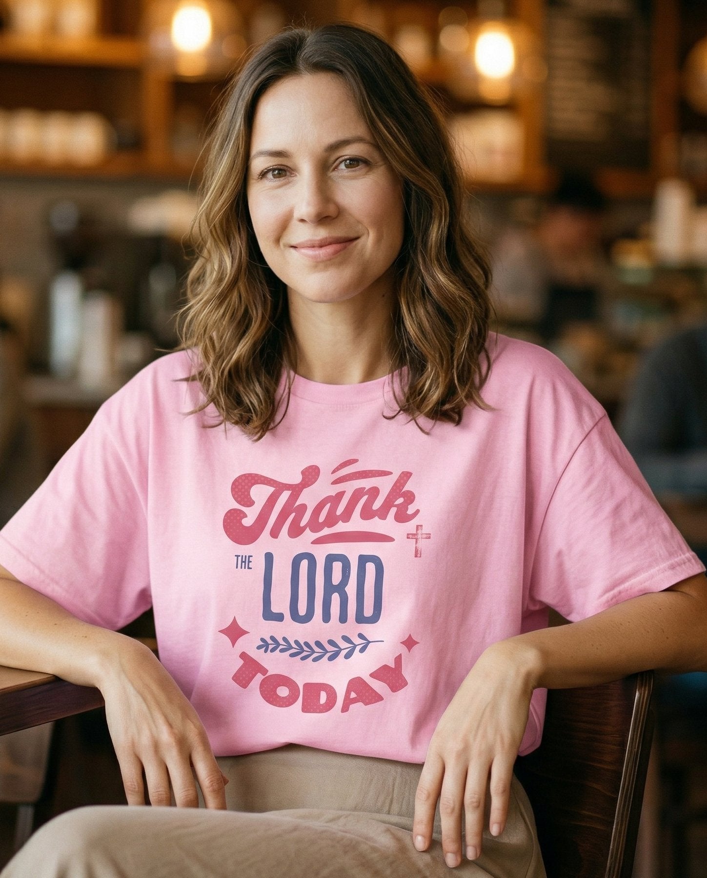 Thank the Lord Today – Blossom women's Christian tee, lifestyle photo in cozy café – Retro typography design with 'Thank the LORD Today' in layered mixed-f – She Wears Faith