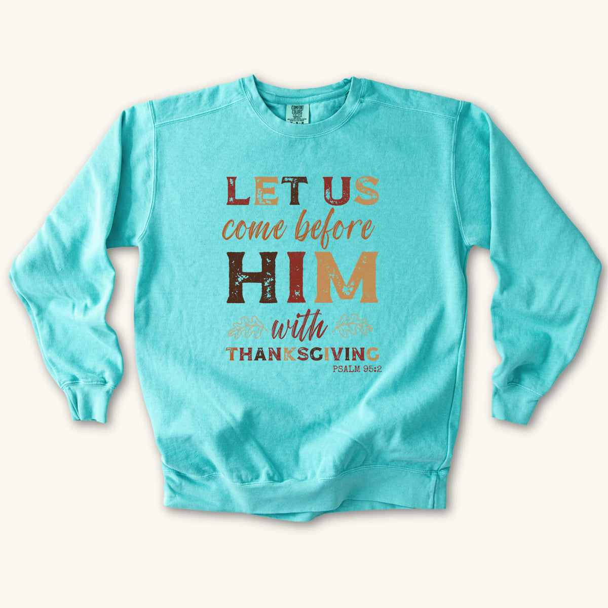 Chalky Mint Thanksgiving Faith sweatshirt flat lay mockup, Christian apparel for women