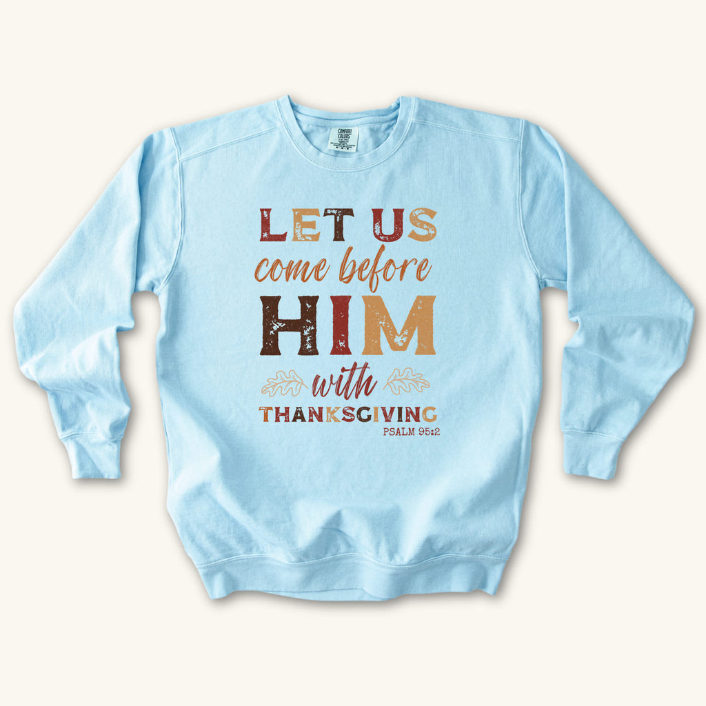 Chambray Thanksgiving Faith sweatshirt flat lay mockup, Christian apparel for women