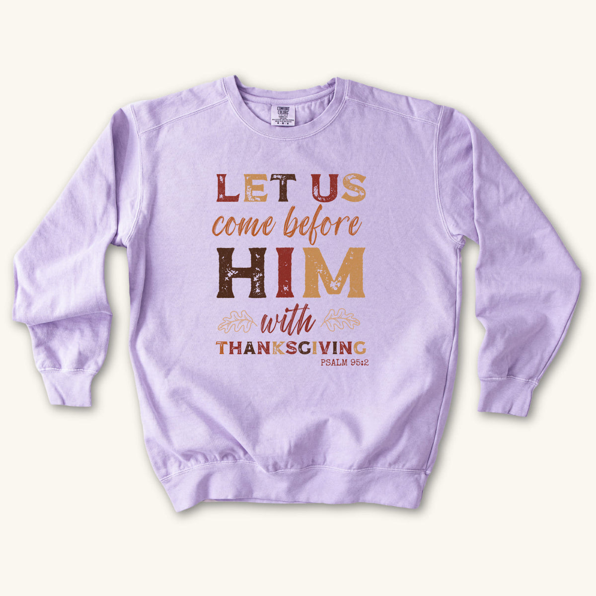 Orchid Thanksgiving Faith sweatshirt flat lay mockup, Christian apparel for women