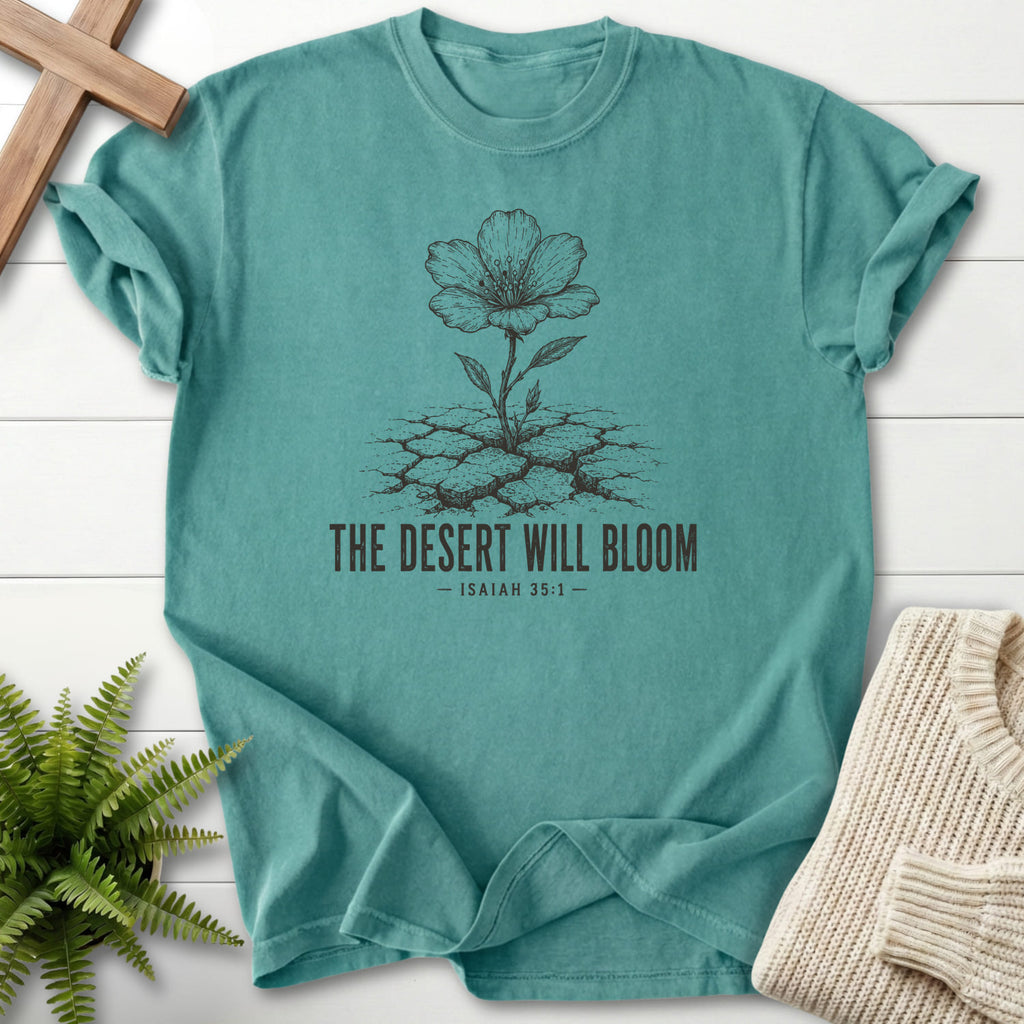 Flat lay of a Chalky Mint faith-based tee featuring flower artwork with "The Desert Will Bloom T-Shirt".