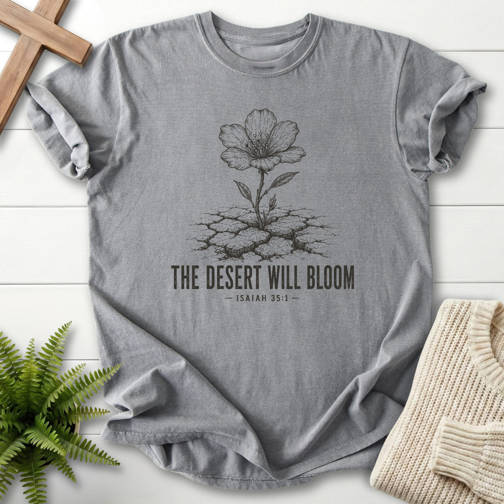 Grey color option for the The Desert Will Bloom tee with flower artwork with "The Desert Will Bloom T-Shirt" for women's faith apparel.
