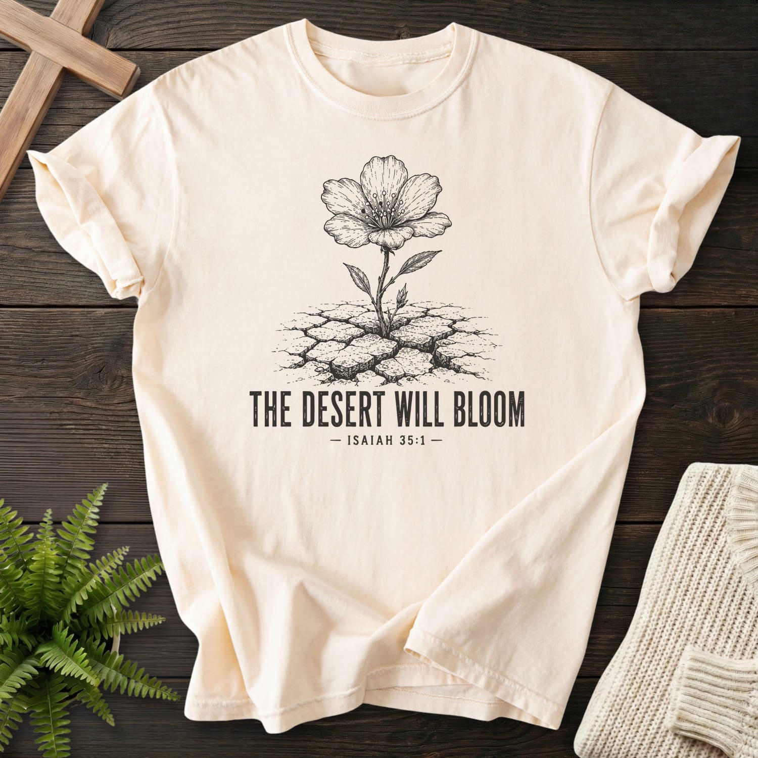 Ivory color option for the The Desert Will Bloom garment-dyed Christian tee with flower artwork with "The Desert Will Bloom T-Shirt".