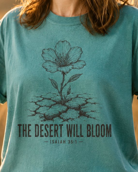 THE Desert WILL - Chalky Mint women's Christian tee, lifestyle photo in wildflower meadow at sunrise - Single flower growing from cracked desert ground - Isaiah 35:1 - She Wears Faith