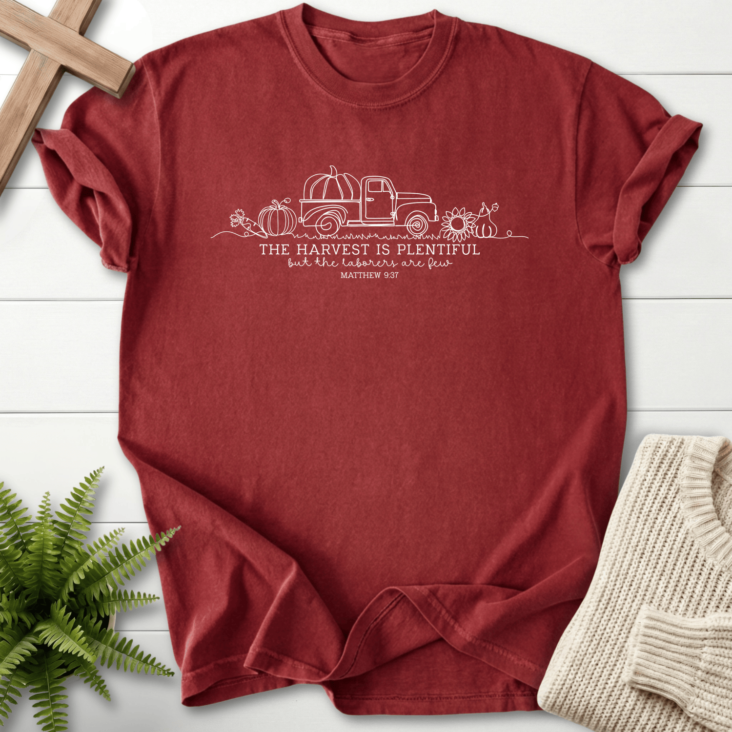 Brick Bible verse tee with an antique farm truck, sunflower, and pumpkin artwork, inspired by Matthew 9:37.