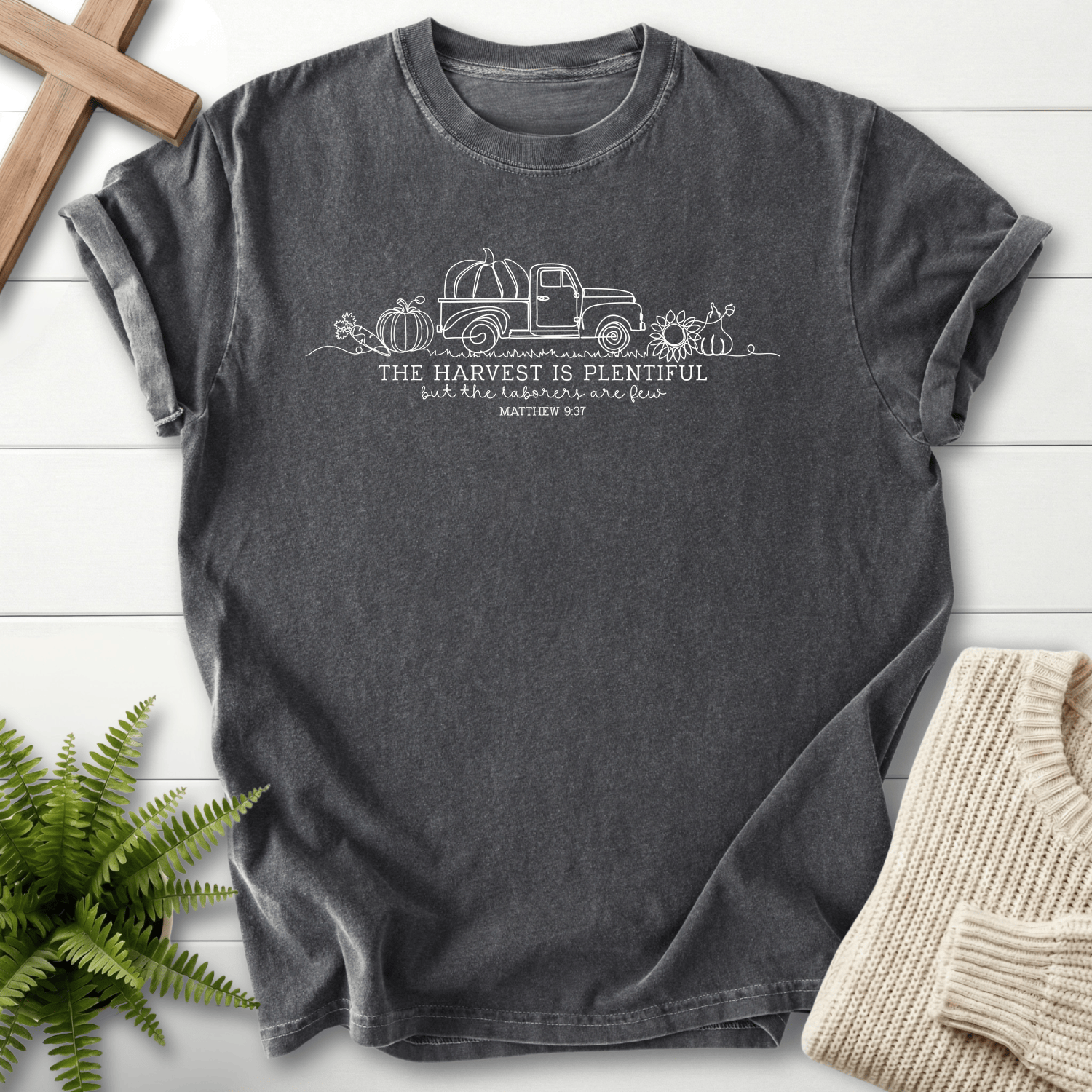 Pepper women's faith t-shirt with a vintage pumpkin truck drawing and Matthew 9:37 scripture.