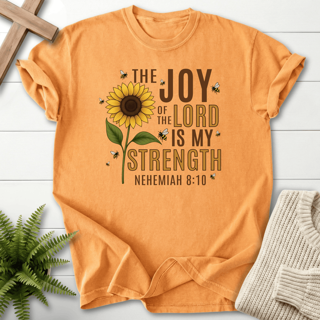 Citrus Christian t-shirt for women with sunflower and bee artwork, Comfort Colors 1717, inspired by Nehemiah 8:10.