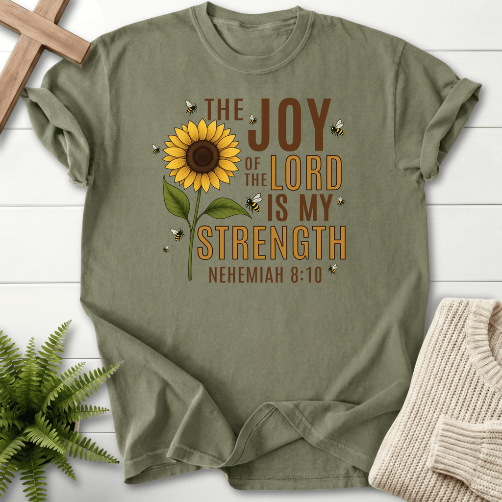 Sage Christian t-shirt for women with sunflower and bee motif and Joy of the Lord Is My Strength text, inspired by Nehemiah 8:10.