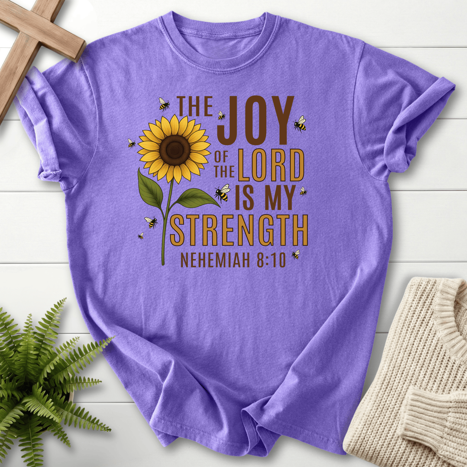 Violet Christian t-shirt for women with sunflower botanical design and The Joy of the Lord Is My Strength text, inspired by Nehemiah 8:10.