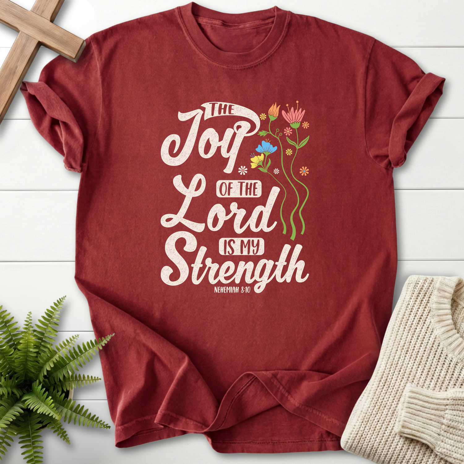 Brick Christian t-shirt for women with Joy of the Lord Is My Strength cursive design and multicolor wildflower stems, inspired by Nehemiah 8:10.
