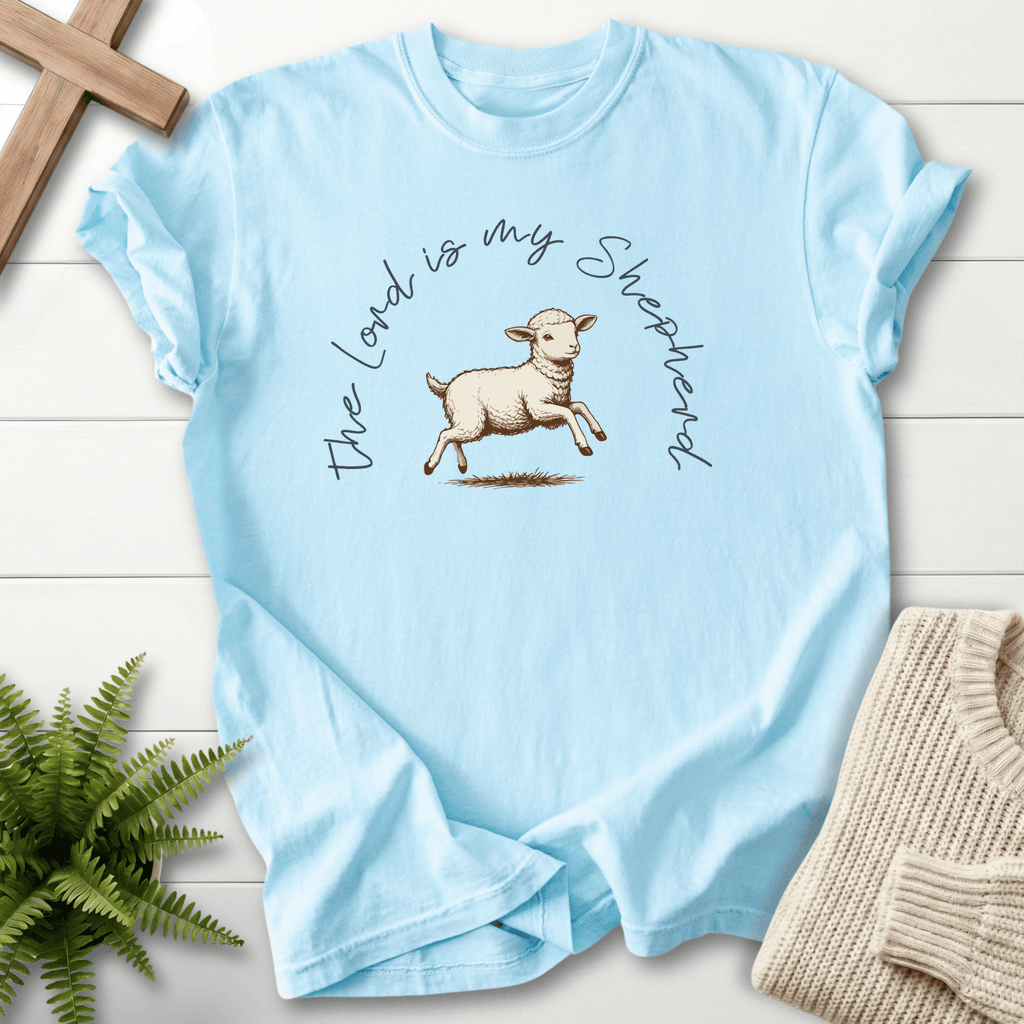 Chambray Christian t-shirt for women with a vintage lamb sketch design, inspired by Psalm 23.