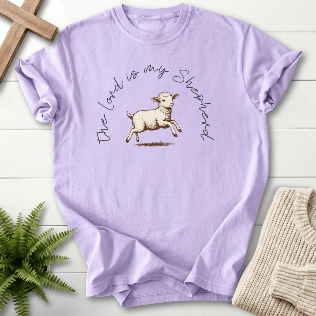 Orchid Christian t-shirt for women with a hand-drawn leaping lamb and arched cursive lettering, inspired by Psalm 23.