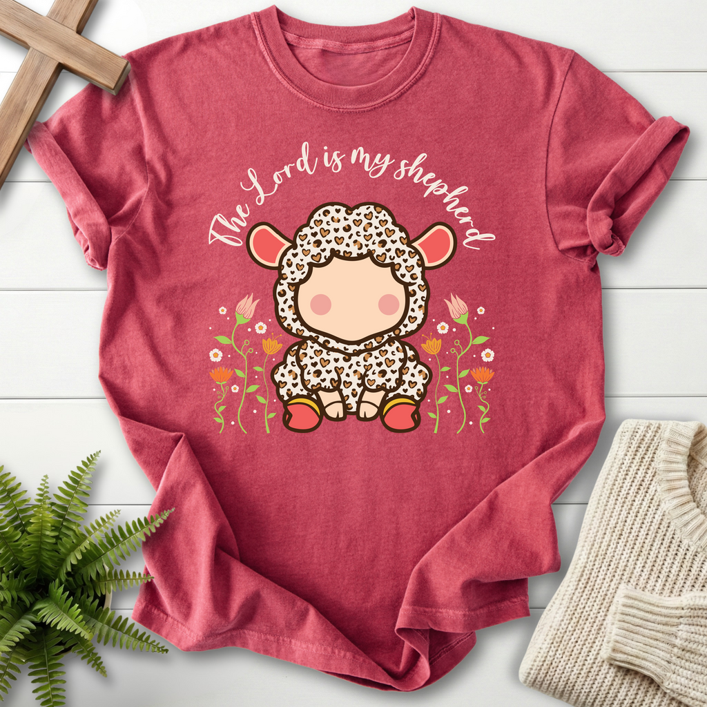 Crimson Christian t-shirt for women with a whimsical kawaii lamb, tulips, and The Lord Is My Shepherd text, inspired by Psalm 23.