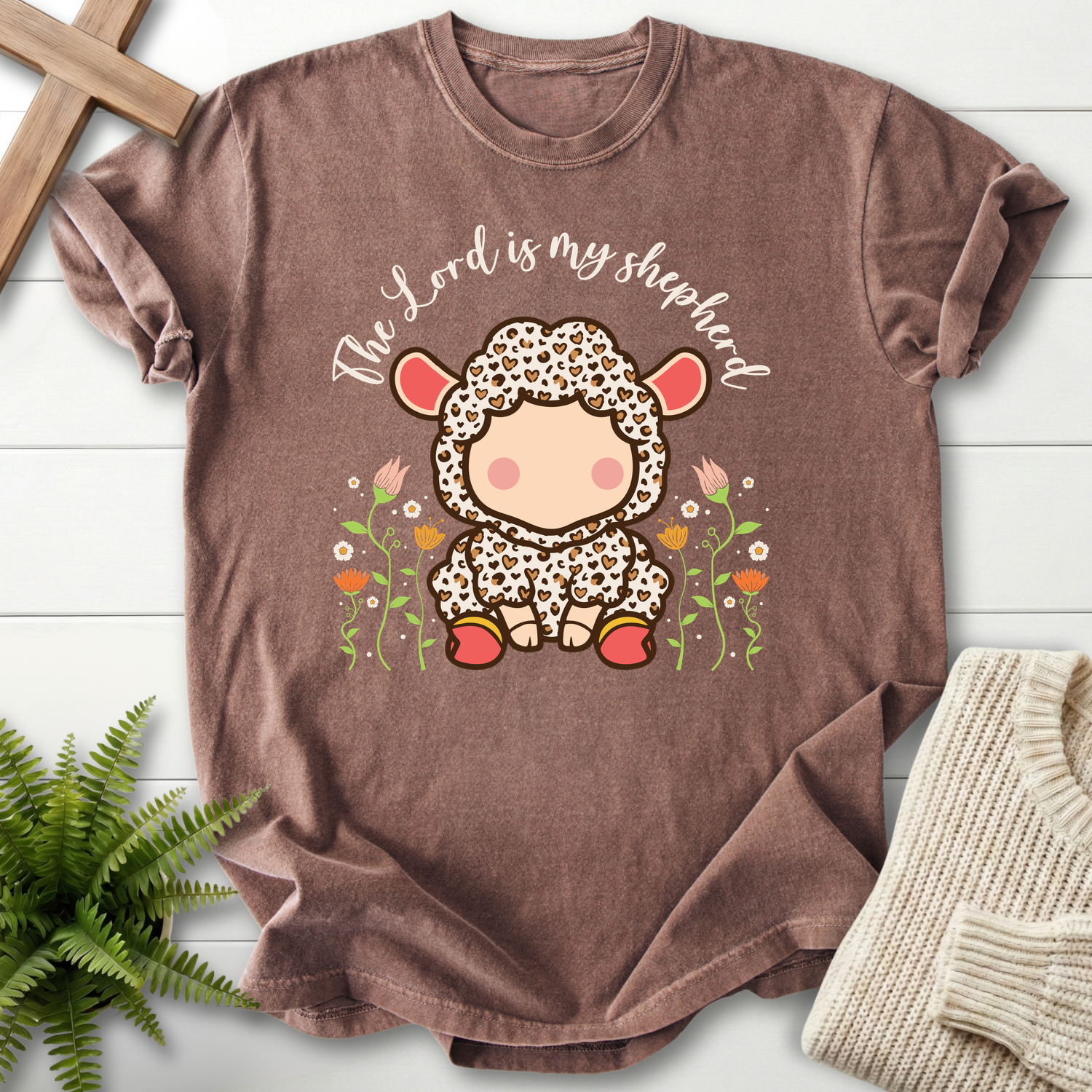 Espresso Christian t-shirt for women with an adorable kawaii lamb character and tulip flowers, inspired by Psalm 23.