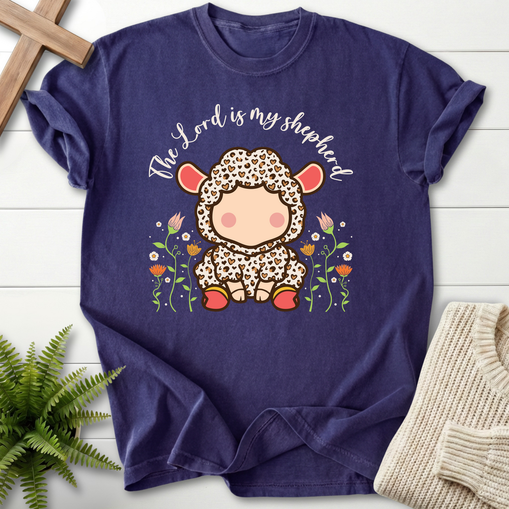 Grape Christian t-shirt for women with an adorable lamb character in a spotted outfit surrounded by pink tulip blooms, inspired by Psalm 23.
