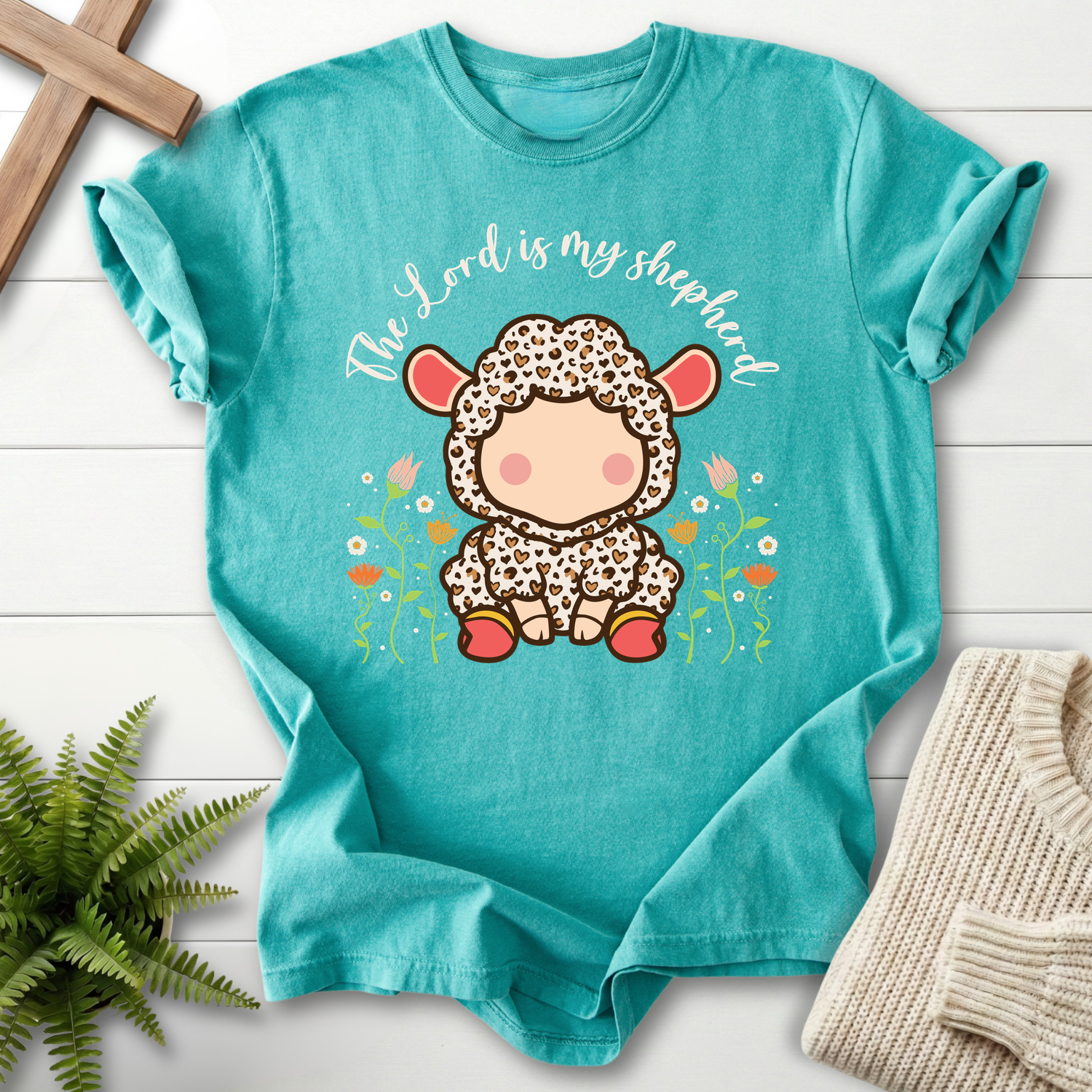 Seafoam Christian t-shirt for women with a kawaii lamb and floral accents in a fun design, inspired by Psalm 23.