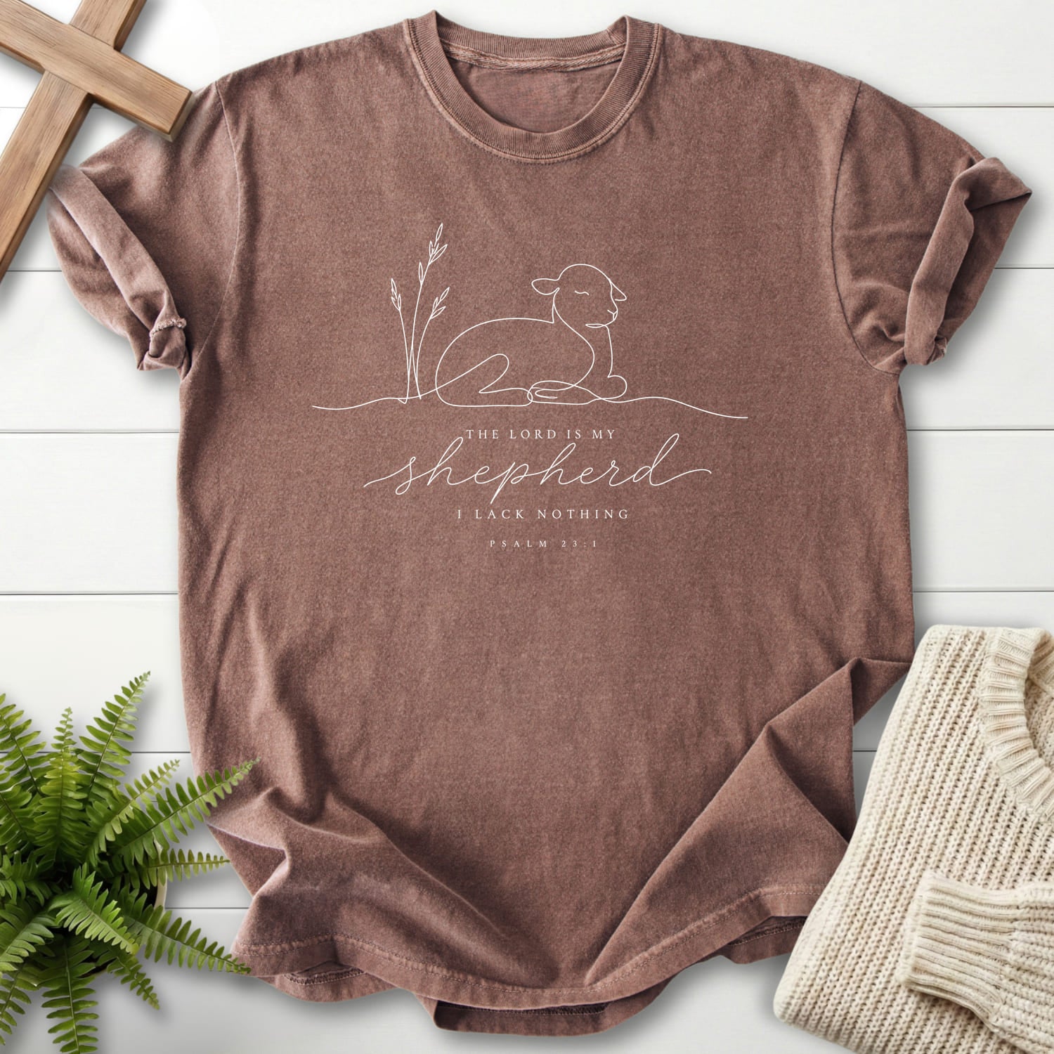 Espresso color option for the The Lord is my Shepherd Line Art tee with minimalist design with "The Lord is my Shepherd Line Art T-Shirt" Psalm 23:1.