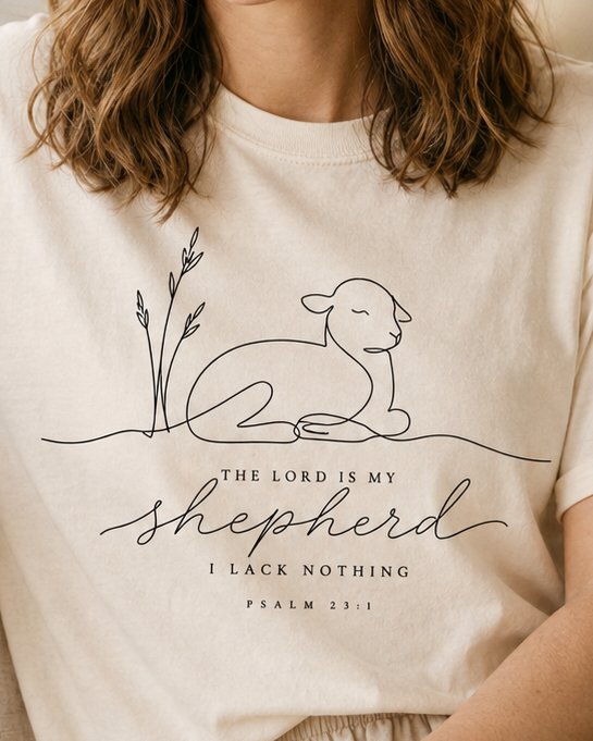 The Lord is my Shepherd Lineart - Ivory women's Christian tee, lifestyle photo in cozy living room - Single-line art of a resting lamb beside wildgrass - Psalm 23:1 - She Wears Faith