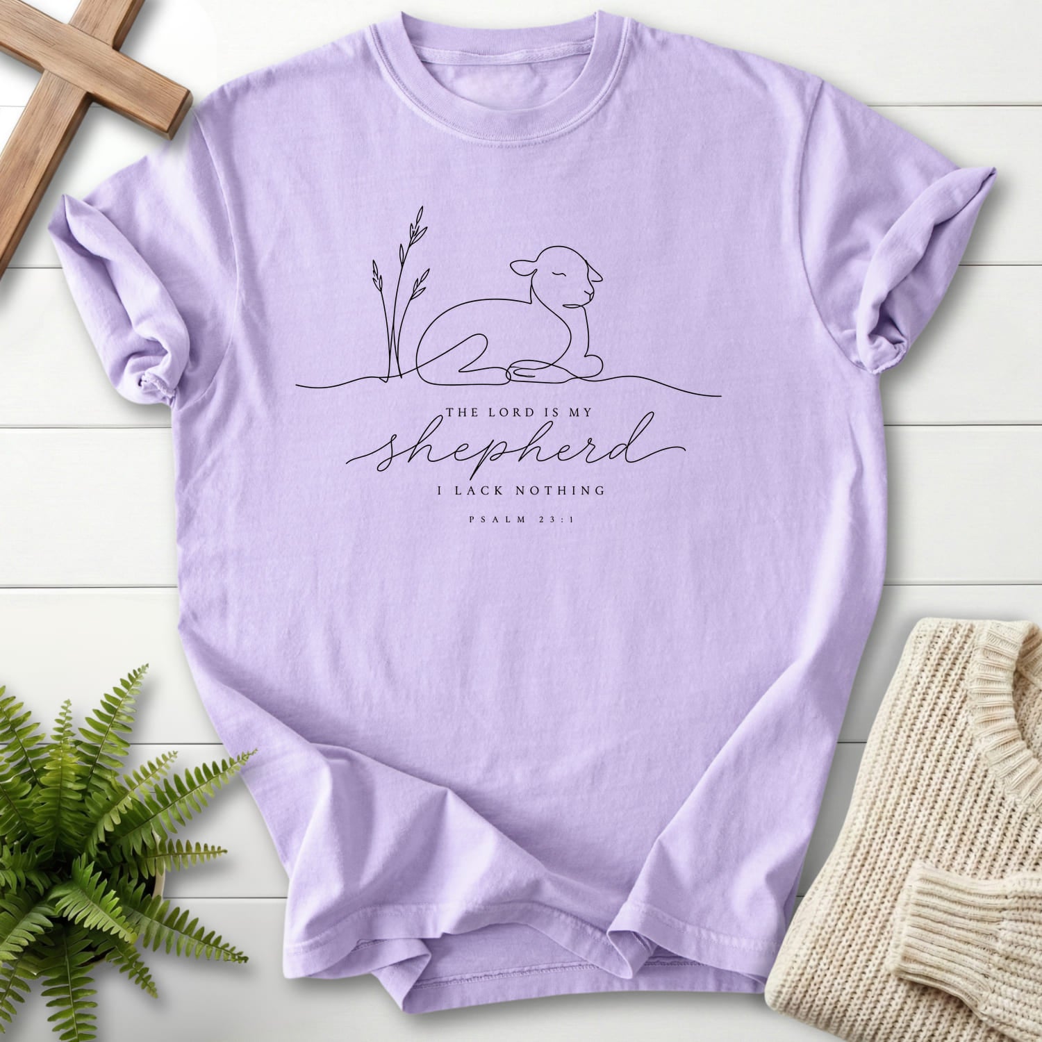Orchid color option for the The Lord is my Shepherd Line Art faith-inspired shirt with minimalist design with "The Lord is my Shepherd Line Art.