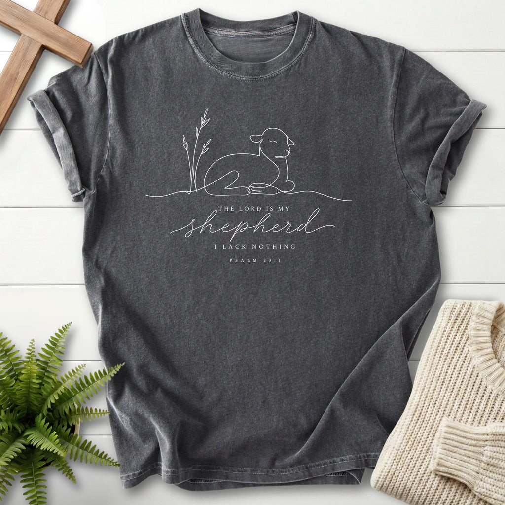 Flat lay of a Pepper Comfort Colors 1717 Christian shirt featuring minimalist design with "The Lord is my Shepherd Line Art T-Shirt" Psalm 23:1.