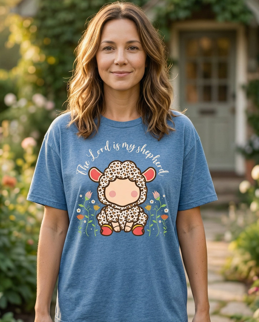 The Lord is my Shepherd – Blue Jean women's Christian tee, lifestyle photo in cottage doorway – Cute kawaii-style lamb character wearing a spotted onesie with pink ea – Psalm 23 – She Wears Faith