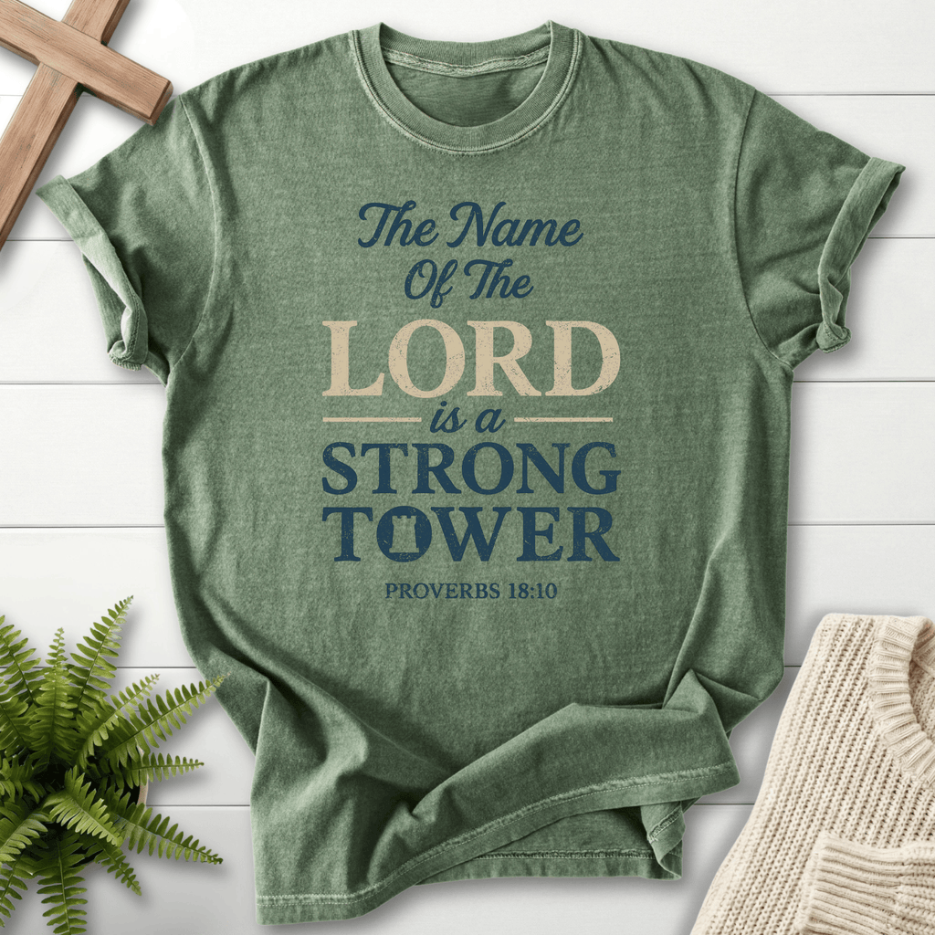 Moss Christian t-shirt for women with layered Strong Tower typography and a tower icon, inspired by Proverbs 18:10.