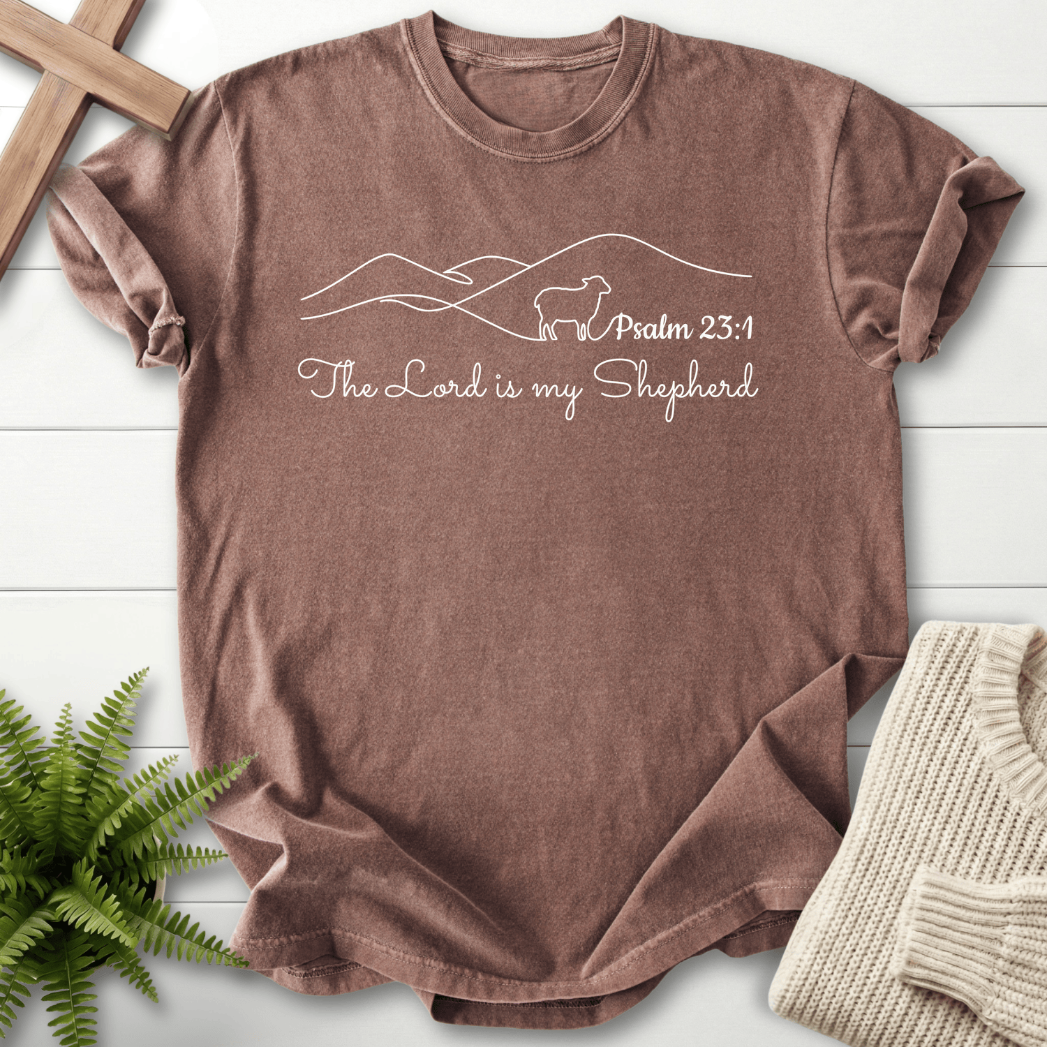 Espresso Christian t-shirt for women with a line-art mountain and lamb, Comfort Colors 1717, inspired by Psalm 23:1.