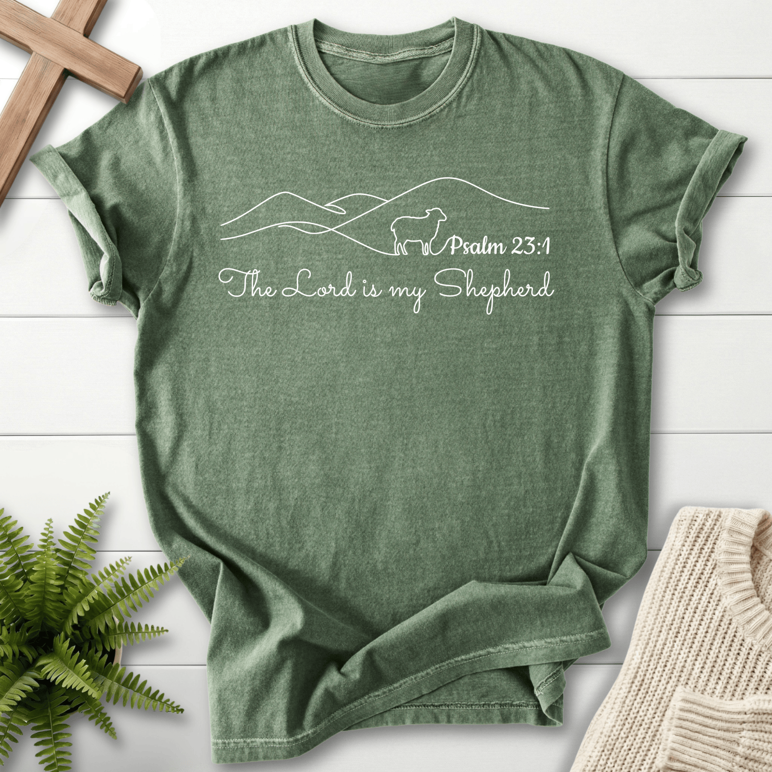 Moss Christian t-shirt for women with The Lord Is My Shepherd minimalist mountain and lamb design, inspired by Psalm 23:1.