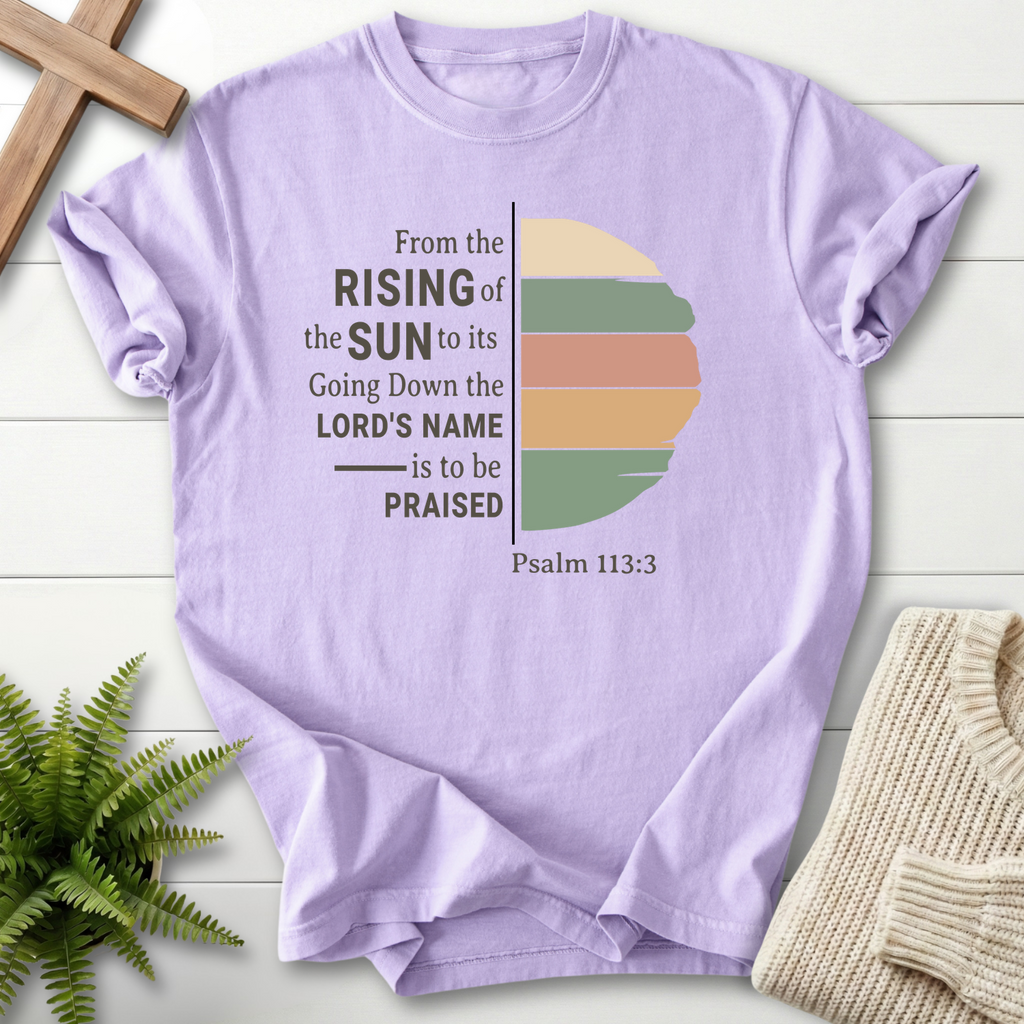 Orchid Christian t-shirt for women with a modern retro sun color-block design and 'From the Rising of the Sun', Psalm 113:3.