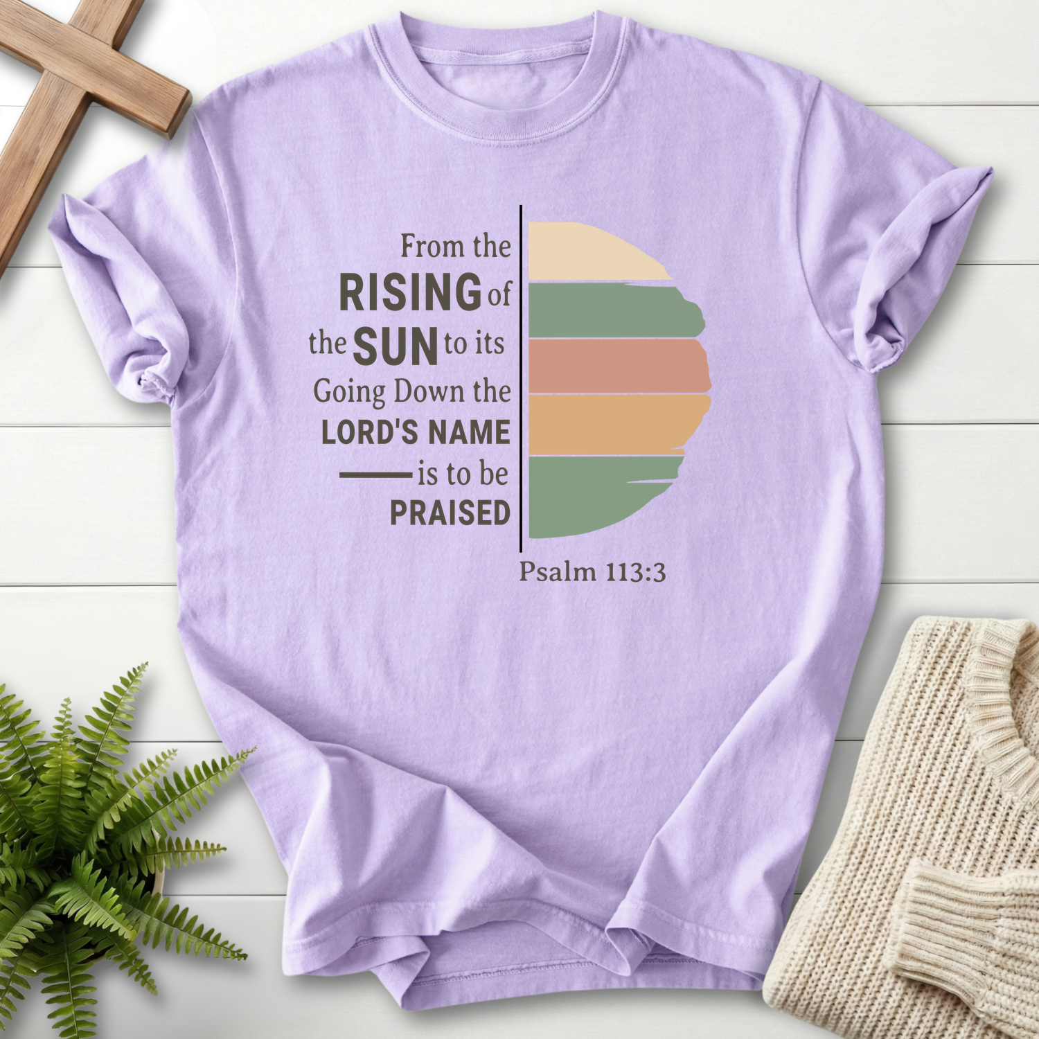 Orchid Christian t-shirt for women with a modern retro sun color-block design and 'From the Rising of the Sun', Psalm 113:3.
