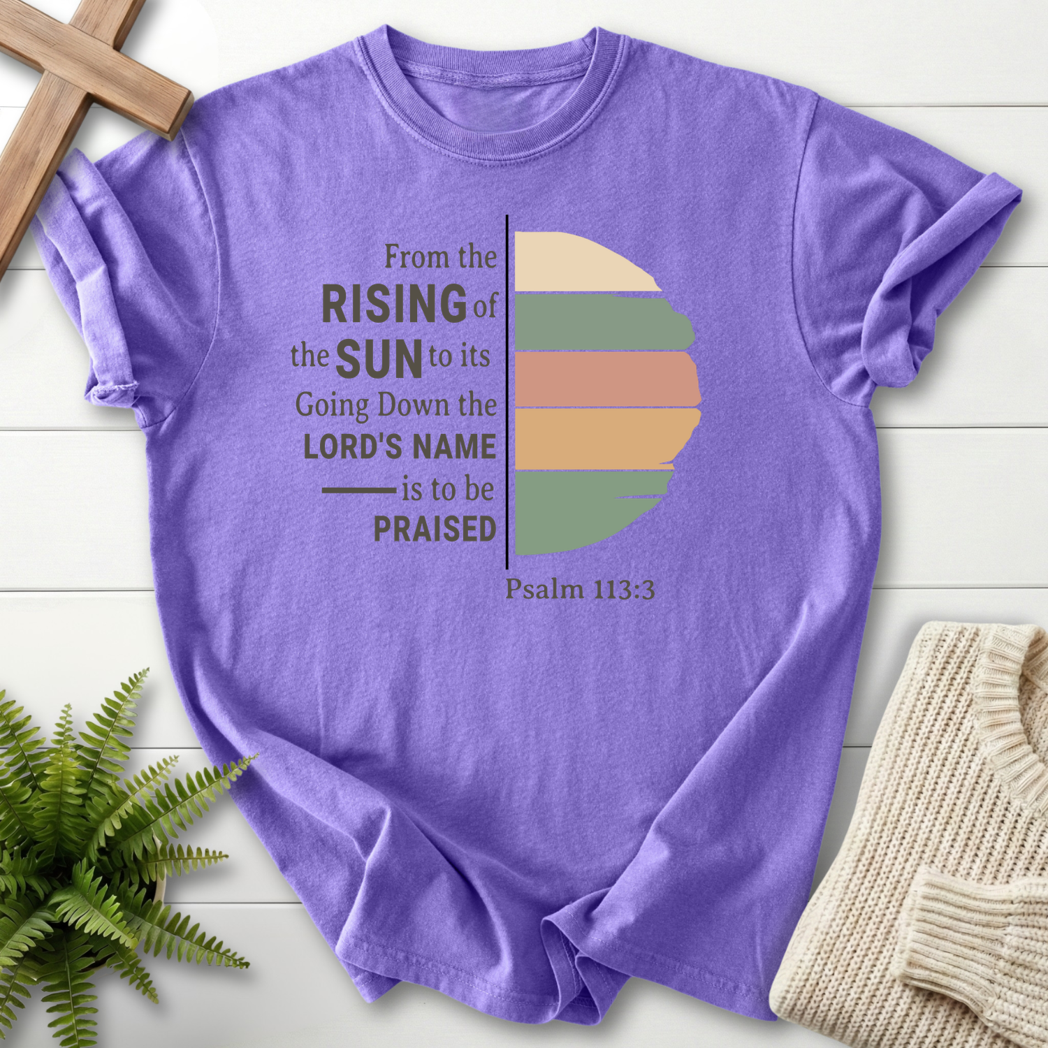 Violet women's faith t-shirt with a retro half-sun in warm earth tones and 'From the Rising of the Sun', Psalm 113:3.