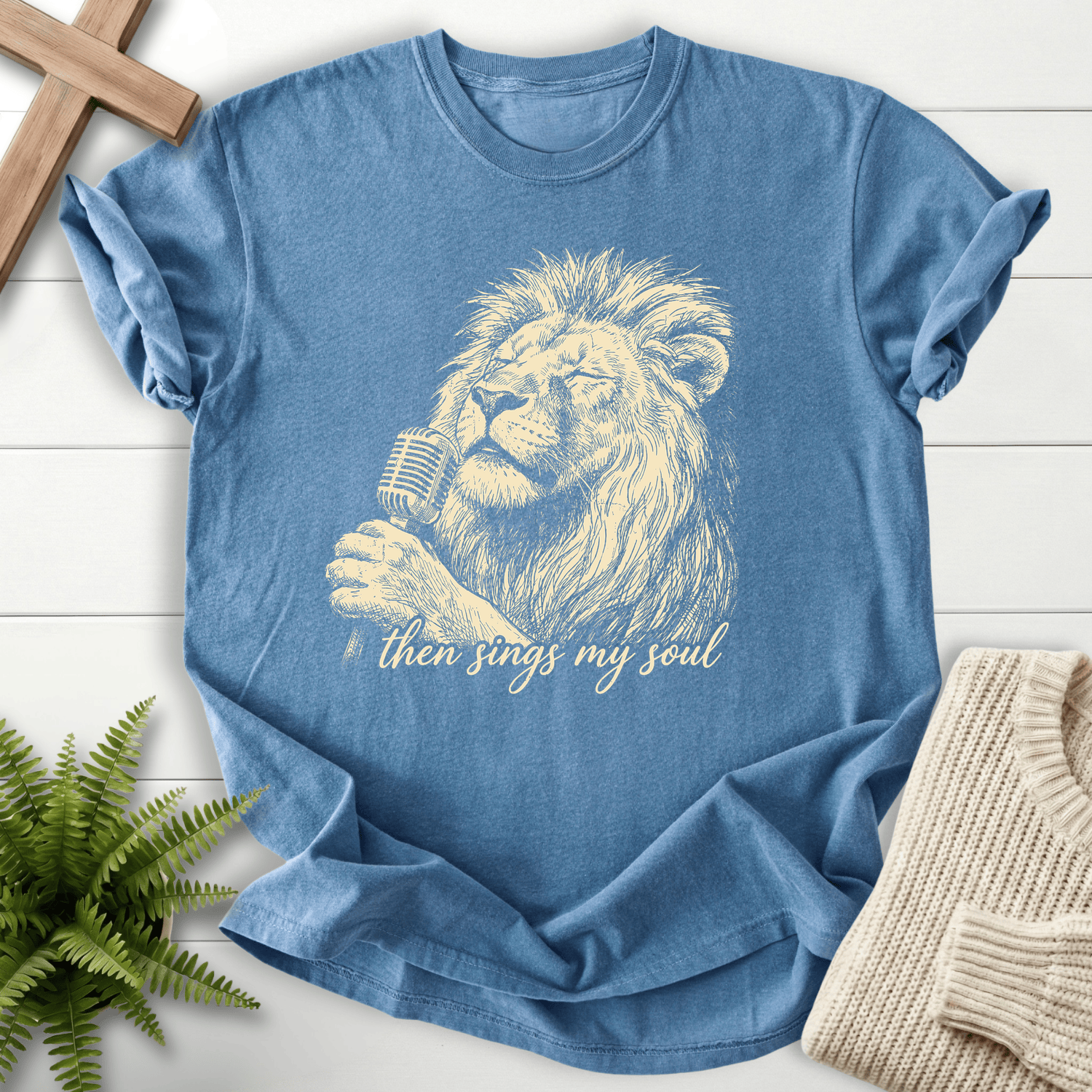 Blue Jean Christian t-shirt for women with a majestic lion illustration and Then Sings My Soul cursive script.