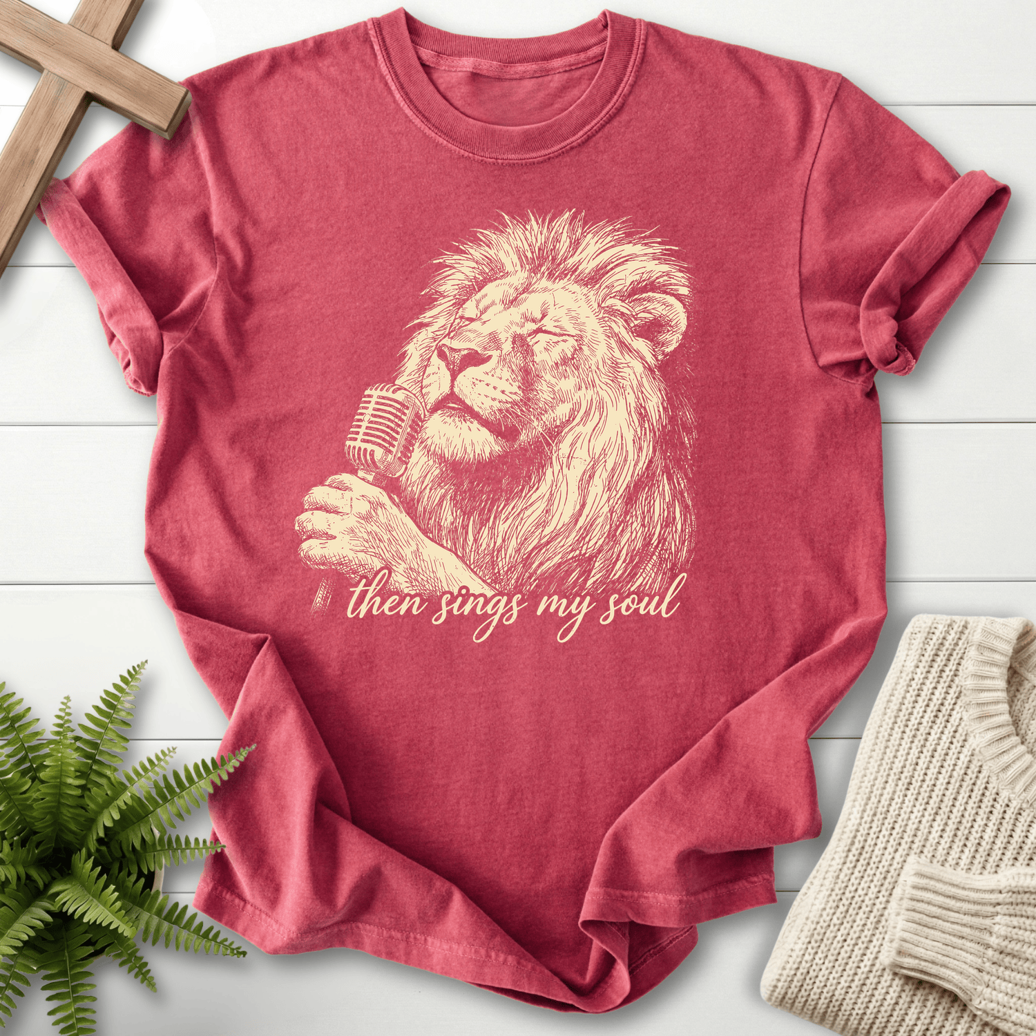 Crimson Christian t-shirt for women with vintage lion singing into microphone art and flowing Then Sings My Soul lettering.
