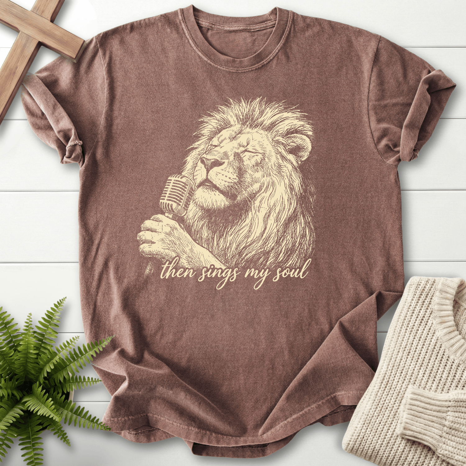 Espresso Christian t-shirt for women with a lion holding a vintage mic in tonal distressed illustration.