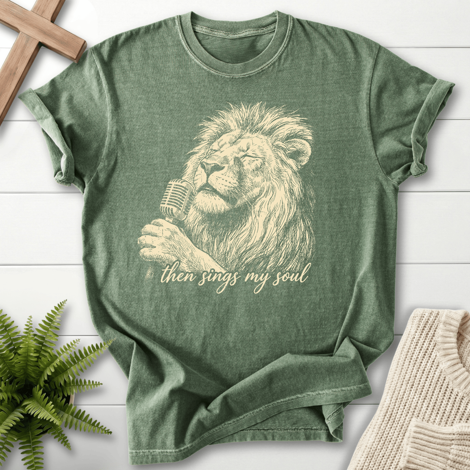 Moss Christian t-shirt for women with a vintage lion singing into a microphone illustration, Comfort Colors 1717.