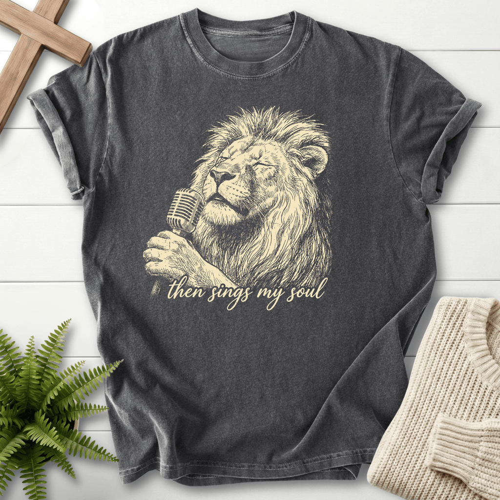 Pepper faith-based tee with vintage line-art lion holding a classic microphone and Then Sings My Soul text.
