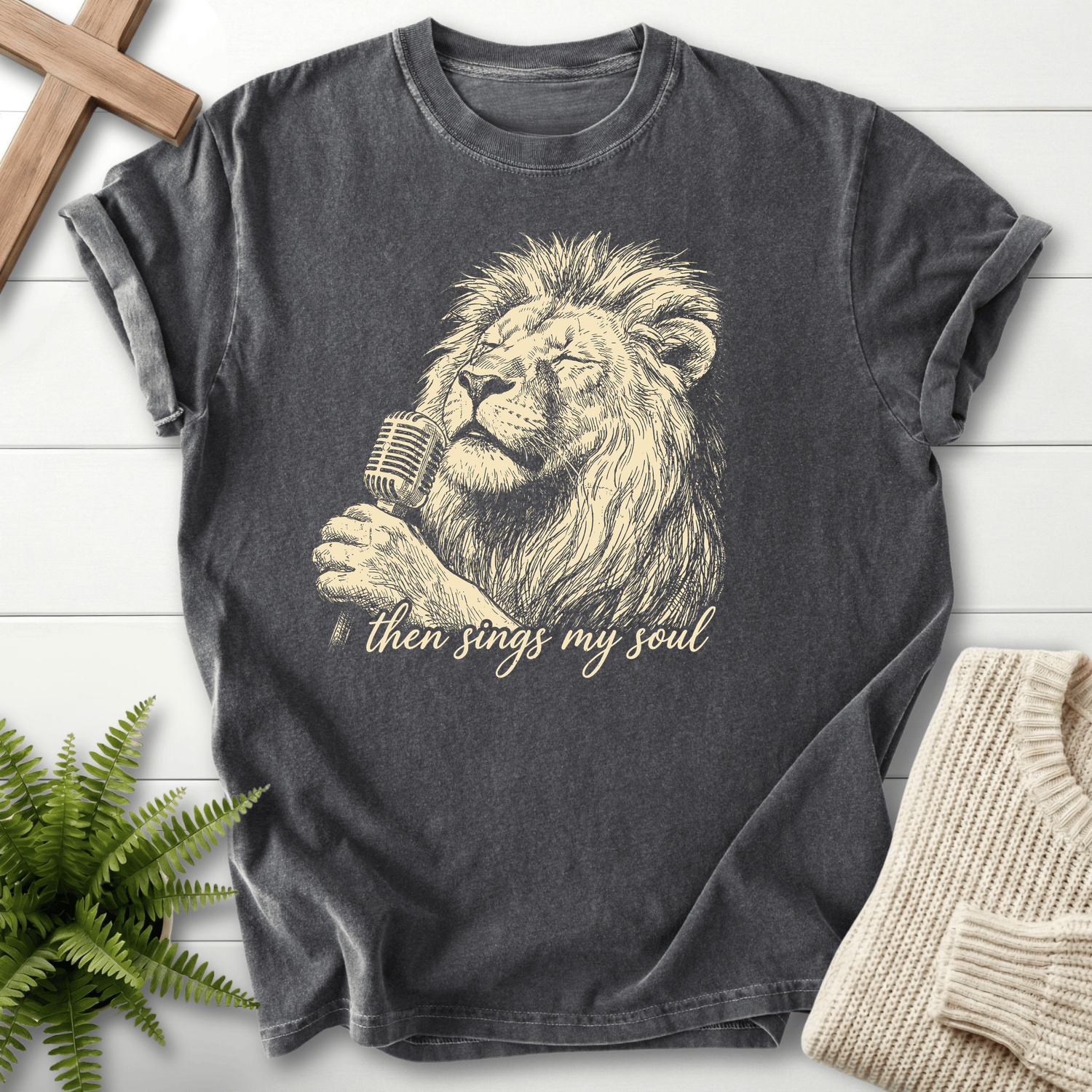 Pepper faith-based tee with vintage line-art lion holding a classic microphone and Then Sings My Soul text.
