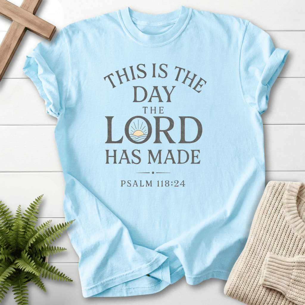 Chambray Christian t-shirt for women with a stacked font design and sunrise icon, inspired by Psalm 118:24.
