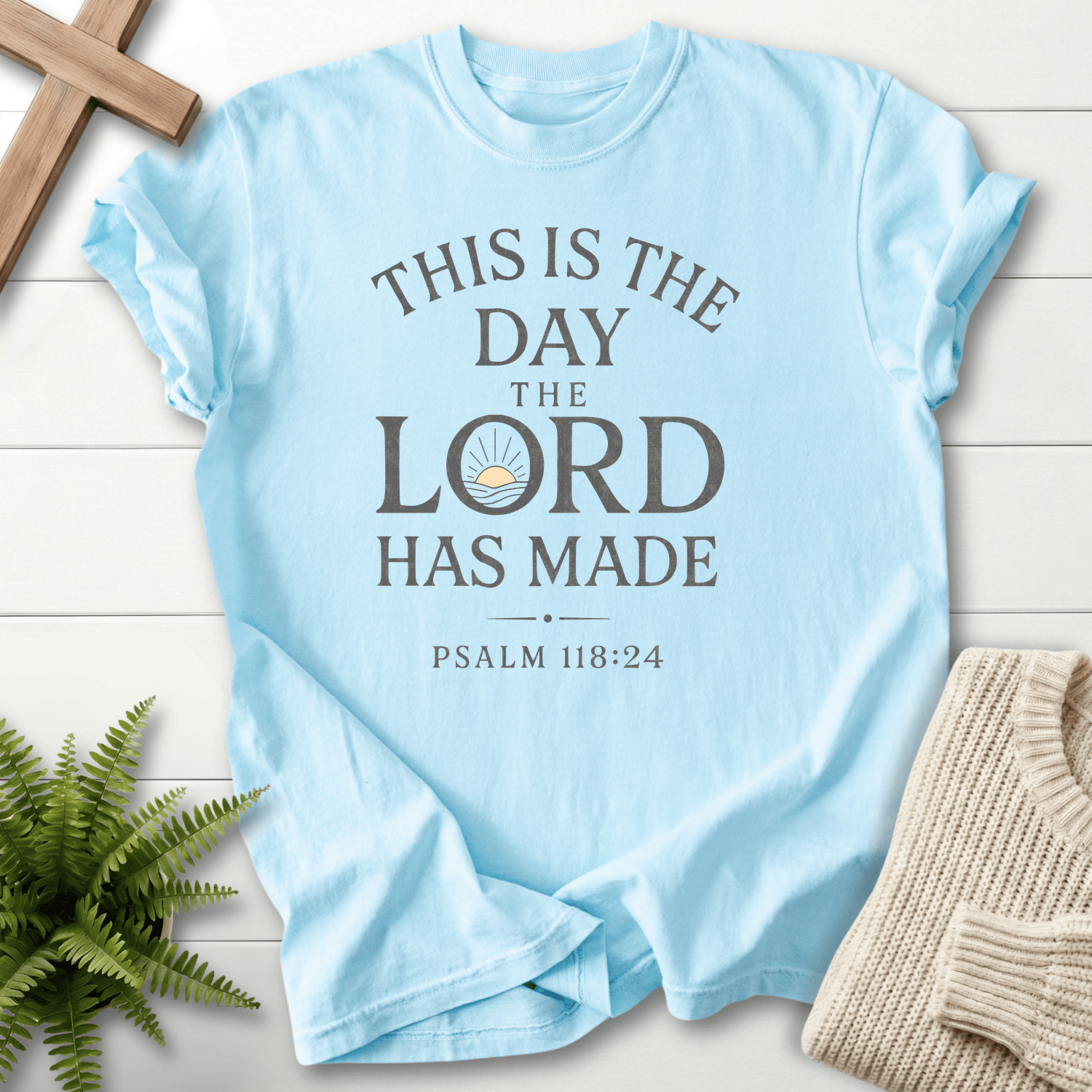 Chambray Christian t-shirt for women with a stacked font design and sunrise icon, inspired by Psalm 118:24.