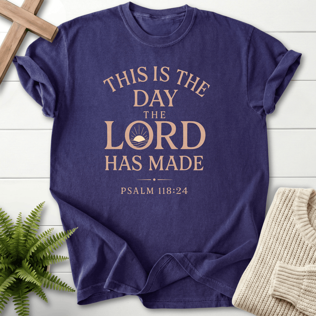 Grape Christian t-shirt for women with bold This Is the Day the Lord Has Made text, inspired by Psalm 118:24.