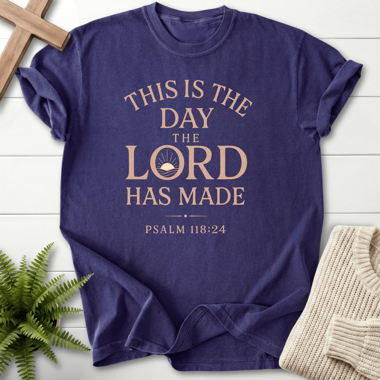 Grape Christian t-shirt for women with bold This Is the Day the Lord Has Made text, inspired by Psalm 118:24.
