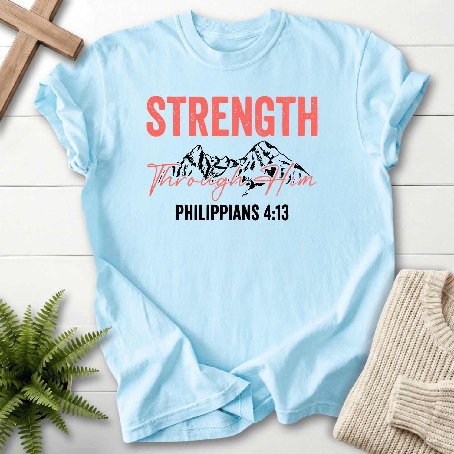 Chambray Christian t-shirt for women with mountain illustration and Strength Through Him, inspired by Philippians 4:13.
