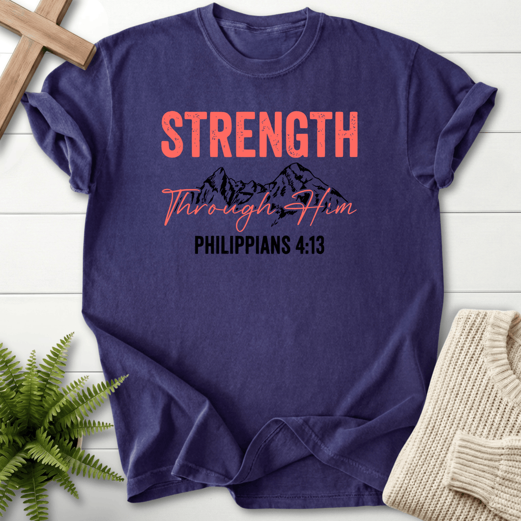 Grape Christian t-shirt for women with Strength Through Him mountain design and coral-and-black lettering, inspired by Philippians 4:13.